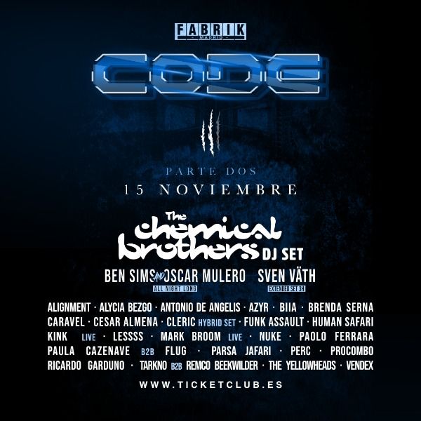 CODE celebra 22 años con un cartel histórico en FABRIK: The Chemical Brothers (DJ Set), Sven Väth y un all night long de Ben Sims & Oscar Mulero